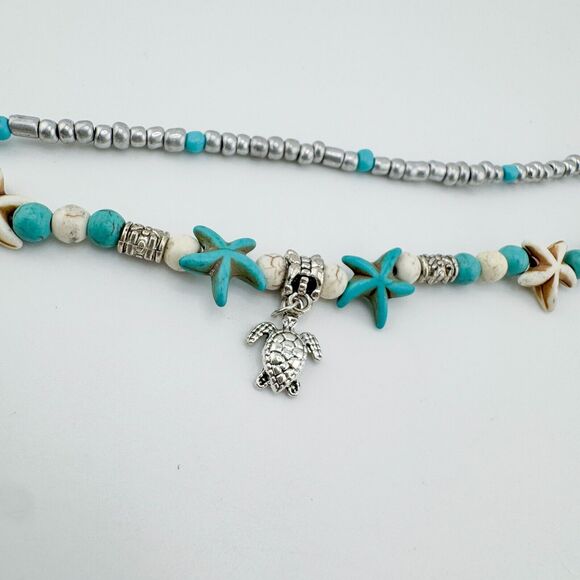 Turquoise 2 Strand Turtle Bracelet Anklet Silver Tone Beach Rustic Retro Sea - Picture 2 of 9